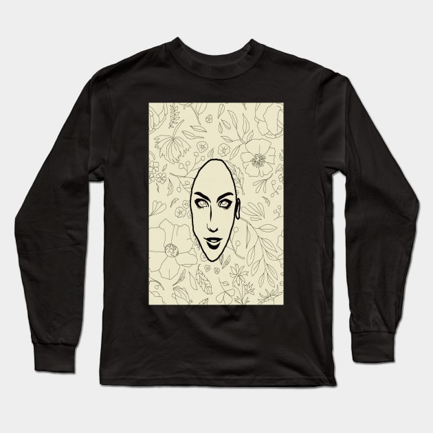 Beige and black floral line art minimalist abstract mid century modern art Long Sleeve T-Shirt by Merchpasha1